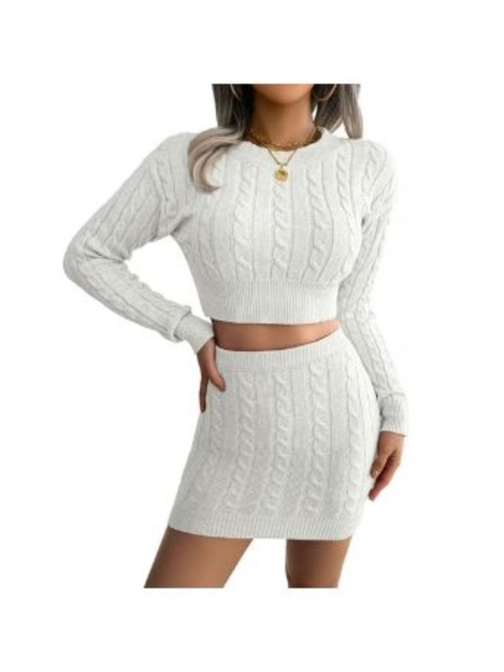 Shein Women’s White Collar Knit Sweater & Mini Skirt Matching Set Size Large